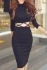 Novelty Long Sleeve Stand-Up Collar Hollow Out Criss-Cross Sheathy Dress