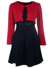 Graceful Scoop Collar Long Sleeve Solid Color Blazer + Faux Belt Embellished Dress Twinset