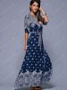Bohemian Style Plunging Neck High Slit Tie Belt Dress