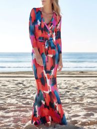 Chic Plunging Neck 3/4 Sleeve Geometric Pattern Maxi Dress