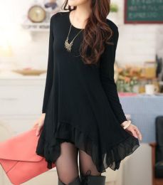 Solid Color Long Sleeve Scoop Neck Irregular Hem Chiffon Splicing Dress