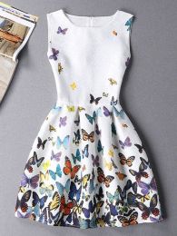 Stylish Sleeveless Round Neck Butterfly Print Mini