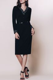 OL Style Turn-Down Collar Long Sleeve Polka Dot Spliced Pencil Dress